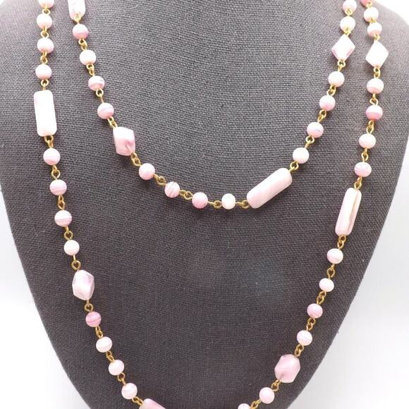 Pink Art Glass Beaded Necklace, Gold Tone Wire Wrap, Vintage, 23 Inch, No Clasp - Picture 7 of 11